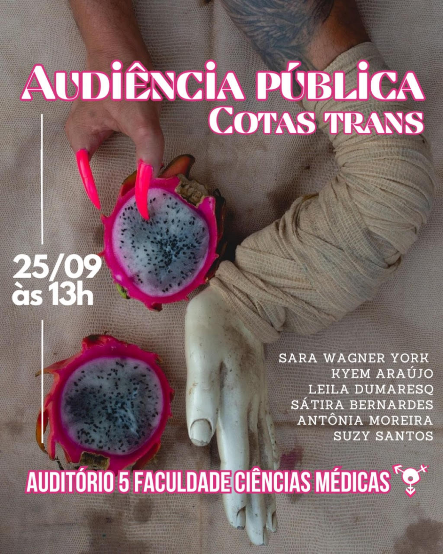 Audiência pública cotas trans.
Ocorerrá no dia 25 de setembro às 13 no auditório 5 (cinco) da faculdade de ciências médicas da unicamp.