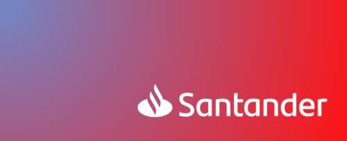 Fundo degradê azul e vermelho com o logo branco do banco Santander ocupando 1/3 da imagem.