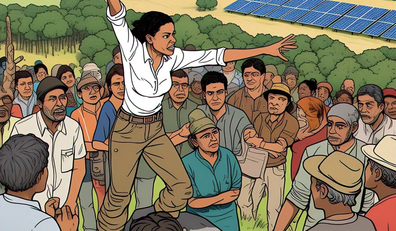 Imagem de uma mulher mobilizando as pessoas para algum evento