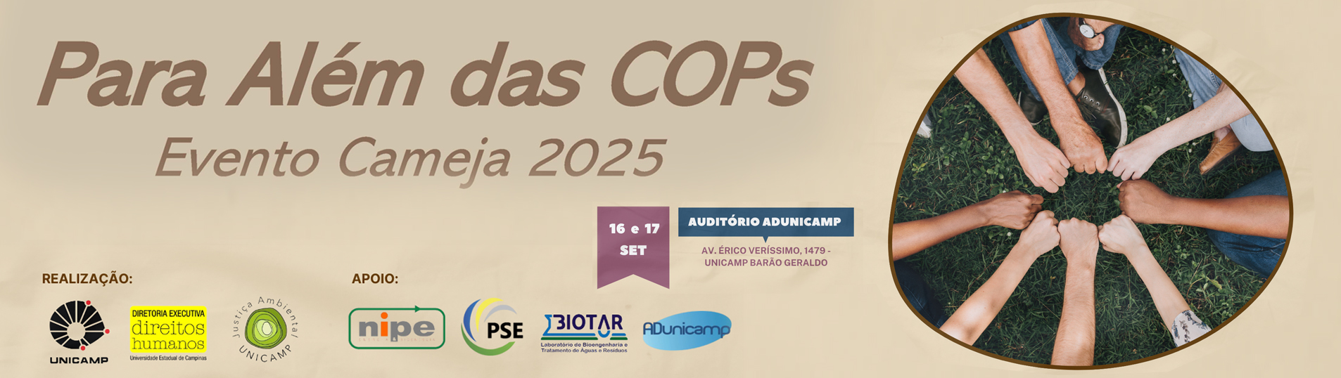 Imagem do cabeçalho com dados do evento. "Para além das COPs" - Evento Cameja 2025